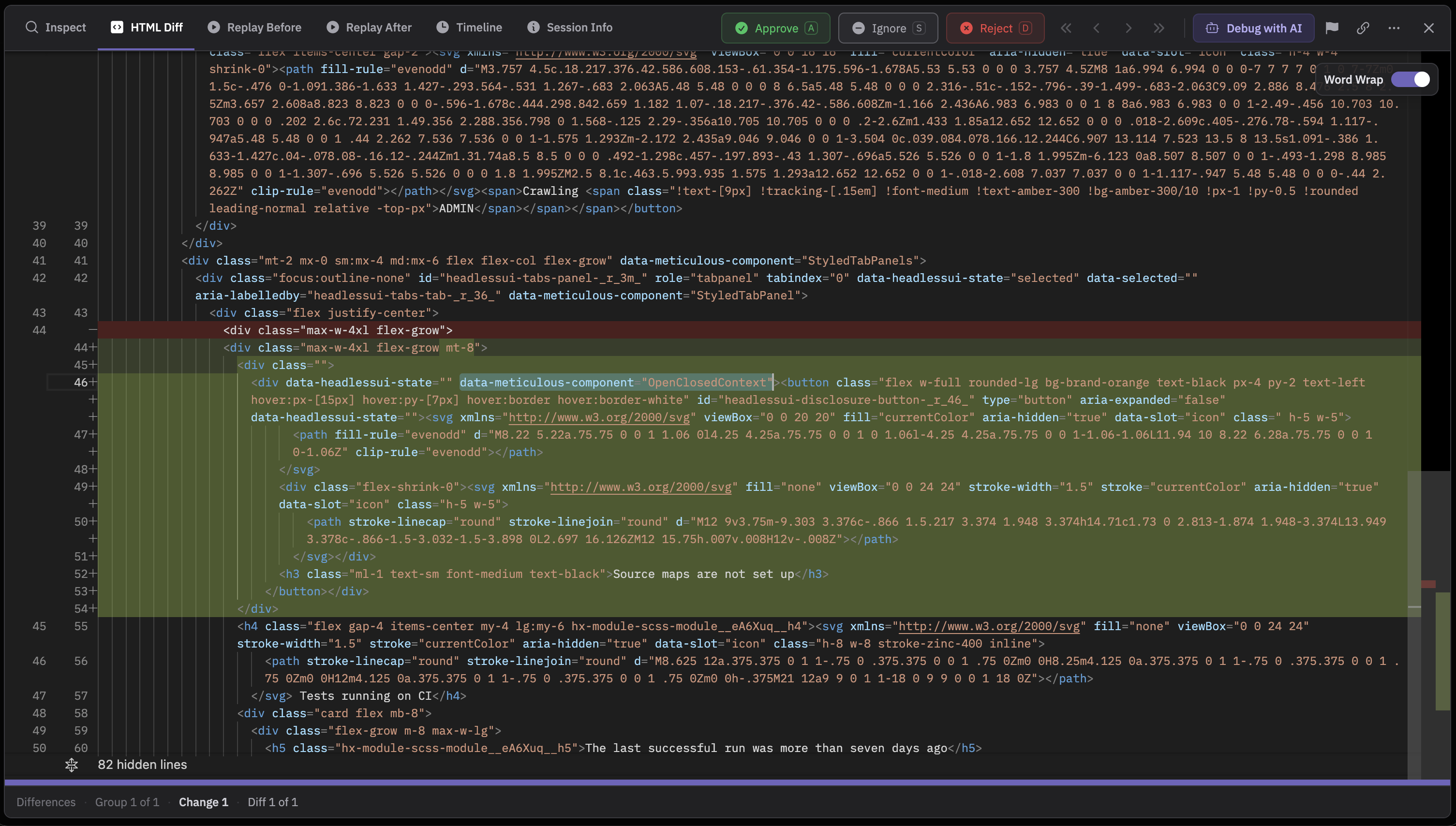 React component names in HTML diff viewer