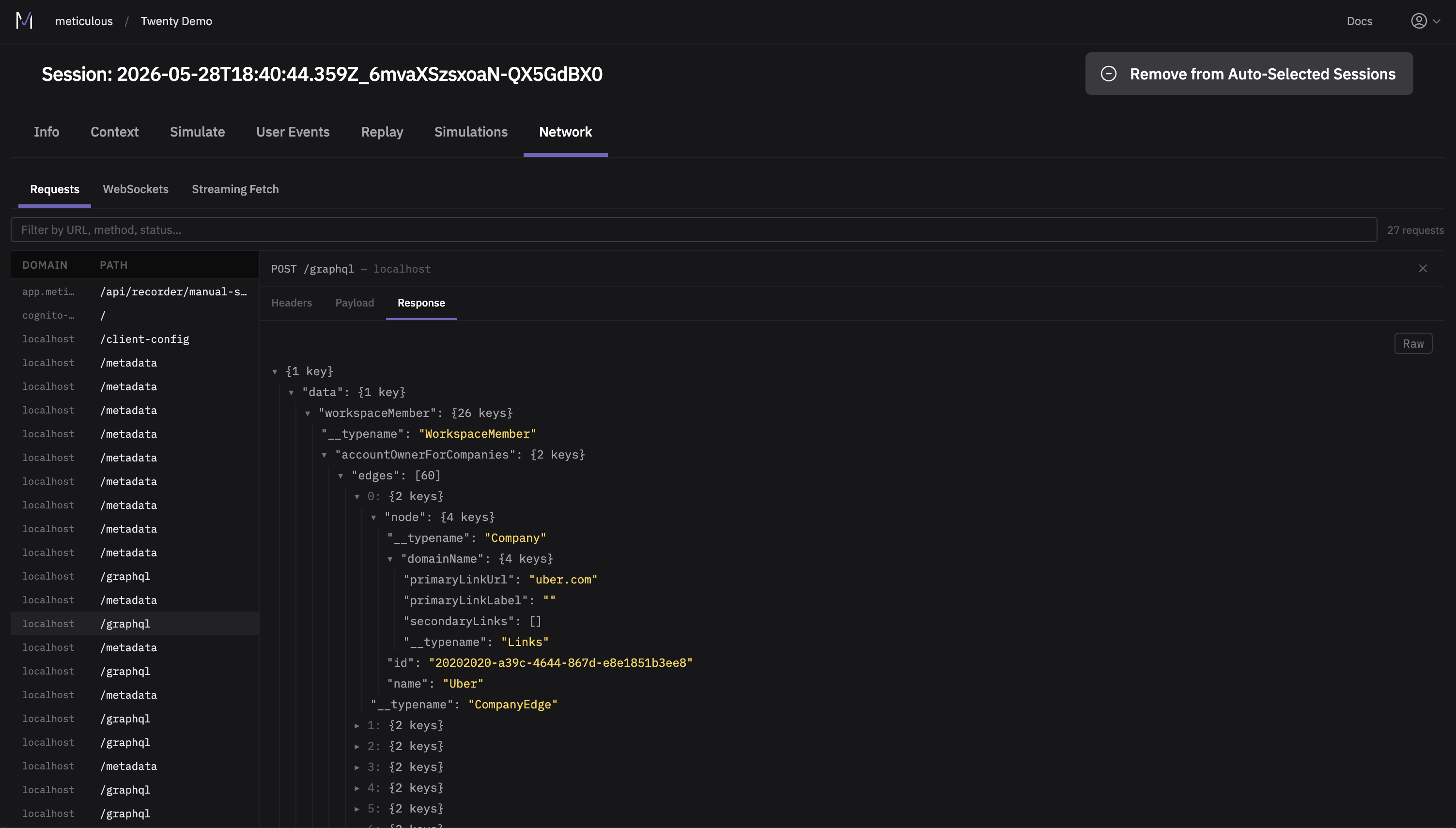 Full network inspector for sessions