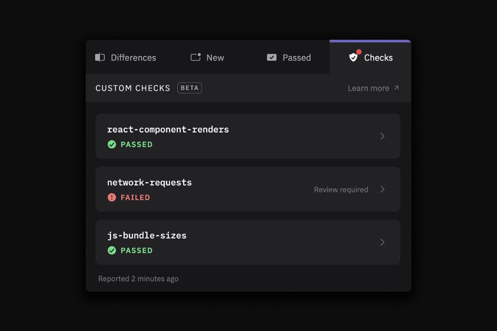 Screenshot of custom checks results including a passed react component renders, a failed network requests and passed javascript bundle size check