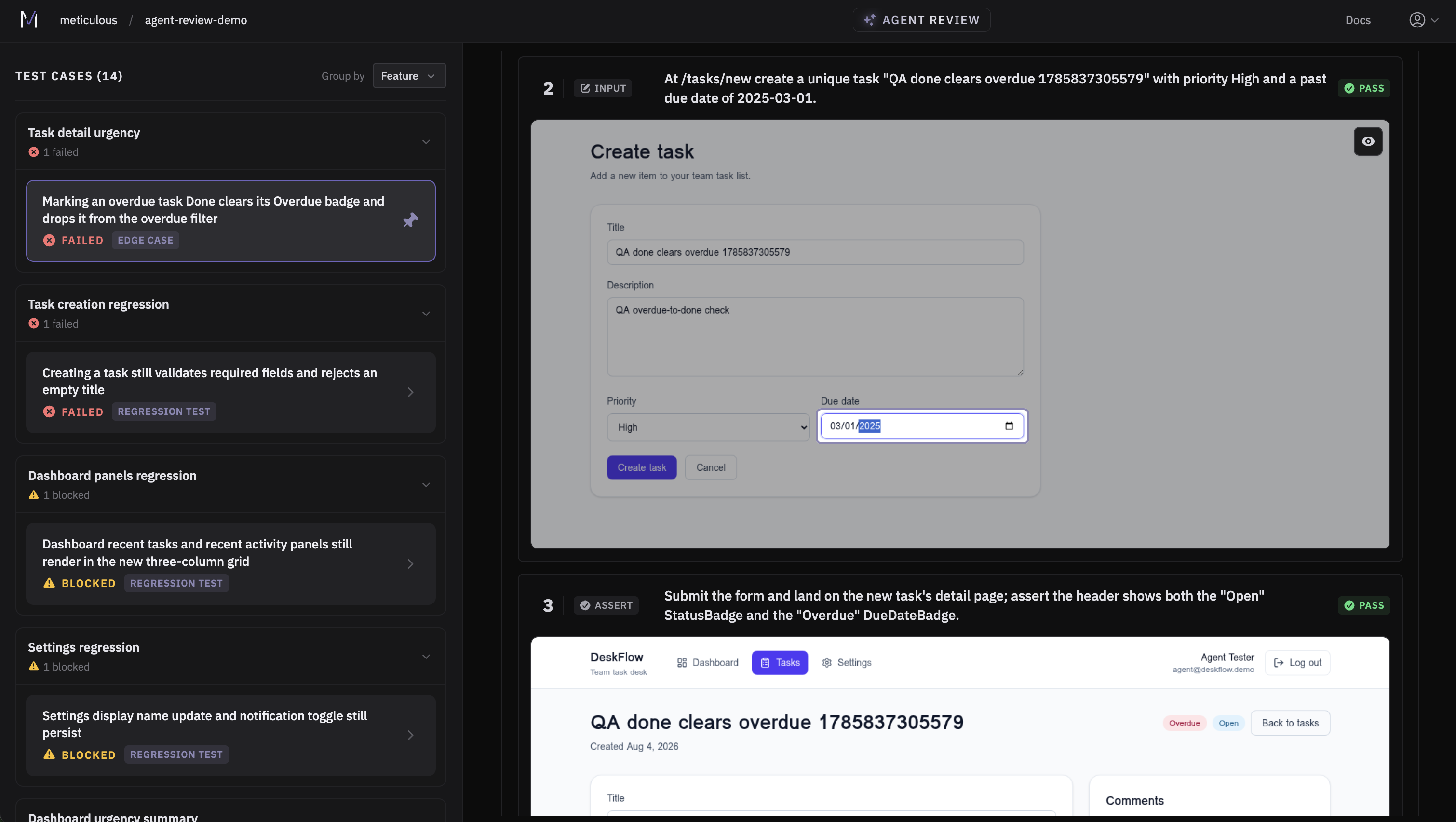 Screenshot of the agent-driven test harness generating a new session from a code diff