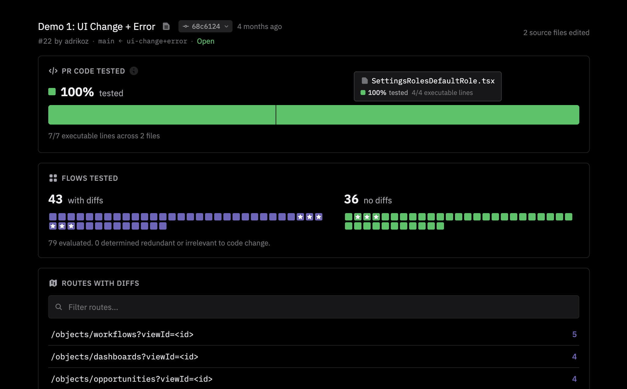 Screenshot of the new test run overview showing changed lines, user flows that ran, and which routes produced diffs